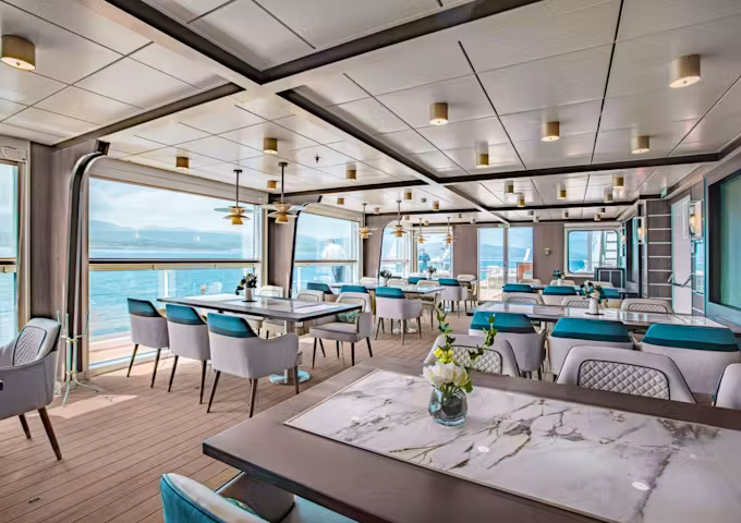 Panorama restaurant onboard Ocean Victory, Antarctic cruise ship, Antarctica