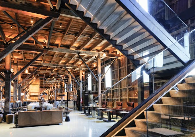 The staircase and ground floor of Explorers House, an exclusive base for travellers in Punta Arenas, Chile
