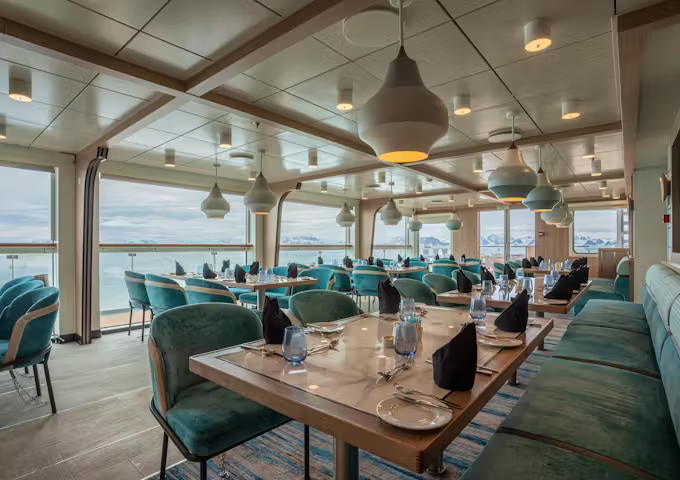 Restaurant on board Ocean Albatros in Antarctica 