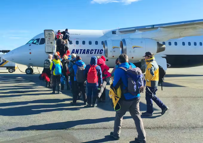 Boarding Antarctic Airways flight from Punta Arenas to King Georgia Island in Antarctica