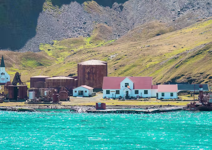 Grytviken historic whaling station in South Georgia seen from the sea