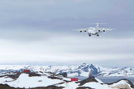Plane landing on King George Island in Antarctica