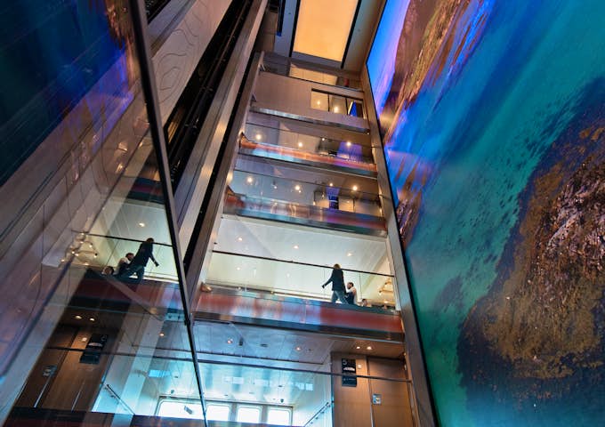 Atrium and virtual map screen on the Roald Amundsen