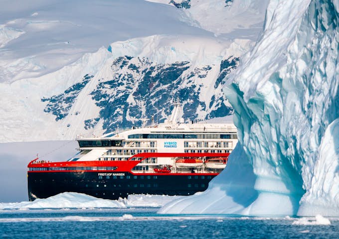Close-up of the Fridtjof Nansen in Antarctica's Wilhelmina Bay