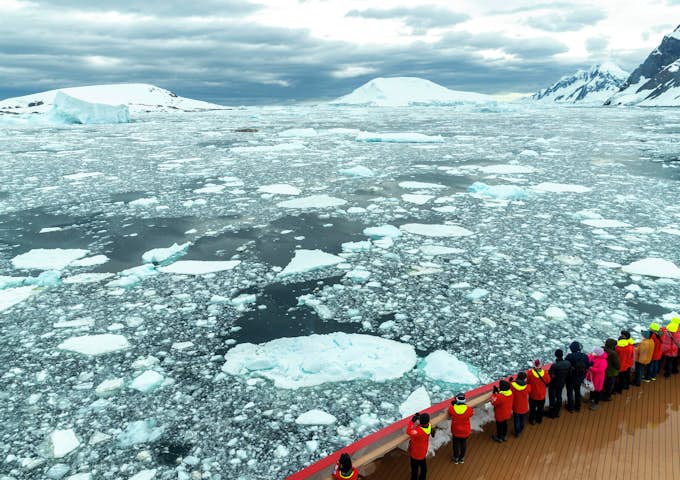 Deck view of Pleneau Island from the Roald Amundsen cruise ship in Antarctica 