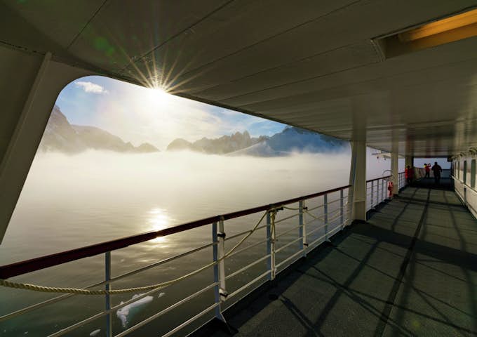 A view of a misty Orne Harbour from the MS Fram's deck 