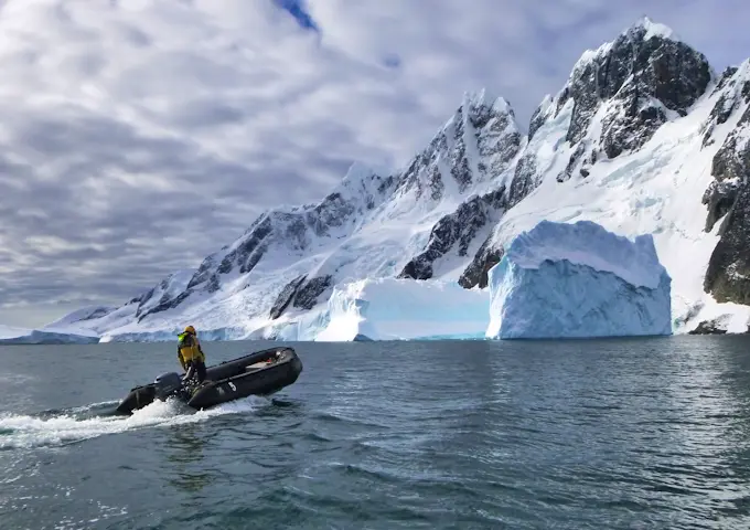 Taking a Zodiac ride to Pleneau Bay, Antarctica, in March