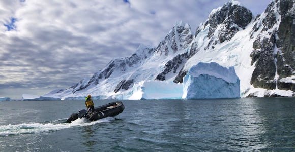 Taking a Zodiac ride to Pleneau Bay, Antarctica, in March