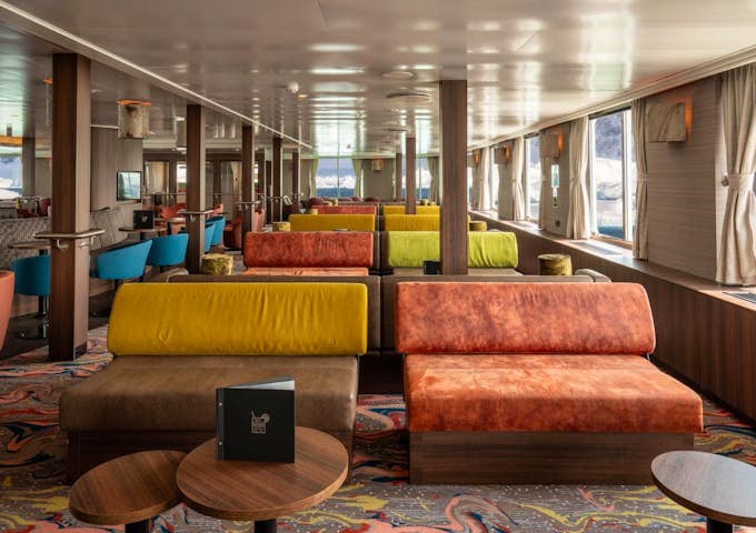 Comfortable seating in the observation lounge of the Hondius Antarctic ship 