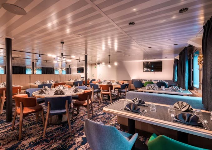 The dining room on the Plancius ship in Antarctica 