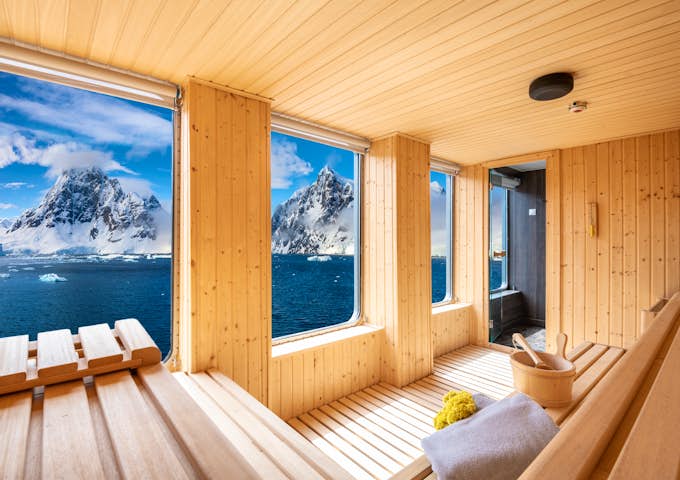 World Voyager's sauna with incredible views of Antarctica 