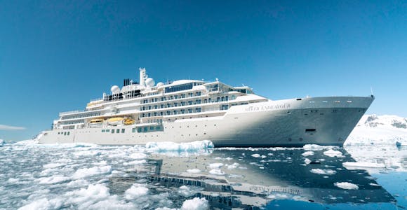 The Silver Endeavour cruise ship surrounded by Antarctic ice