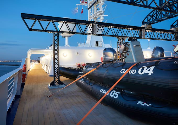 Zodiac boats on the Silver Cloud, an Antarctic cruise ship 