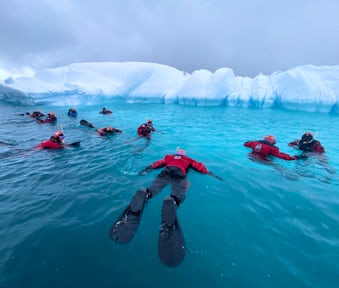 Group of tourists snorkelling with ice in Antarctica