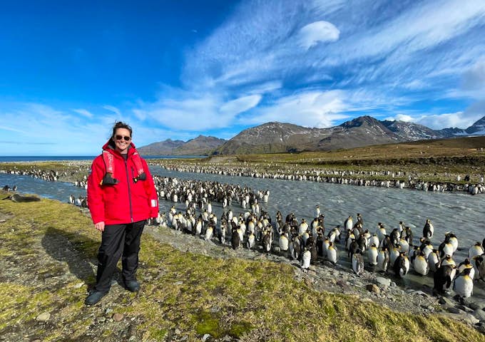 A woman stands in front of hundreds of penguins in South Georgia