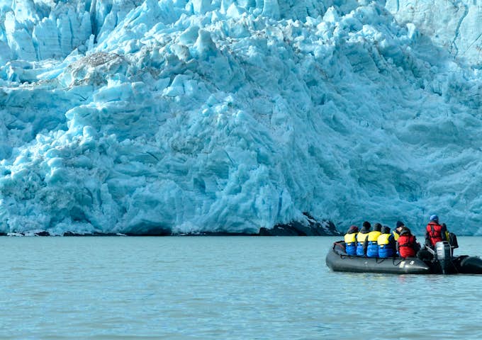 Zodiac cruising at King Haakon Bay in South Georgia