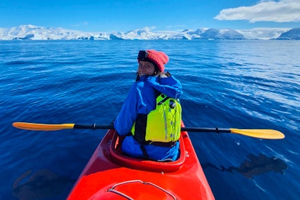 Ruby from Swoop Antarctica kayaking on the Peninsula