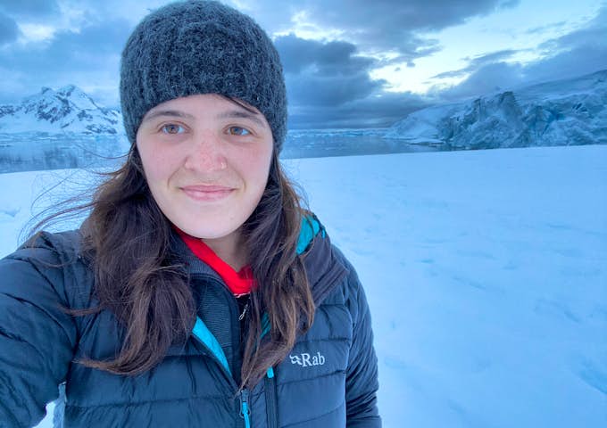 Maddi takes a selfie at Leith Cove in Antarctica 