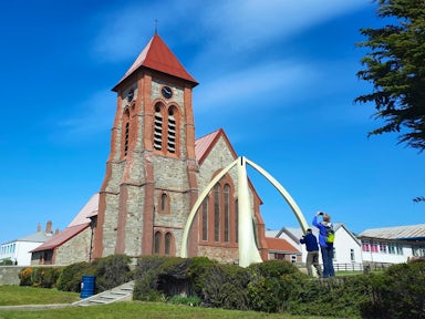 A view of Christchurch Cathedral in Stanley on the Falkland Is;ands, with its arch made of blue whale jawbones