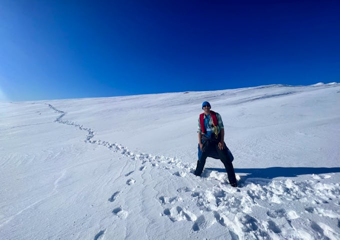 Owain from Swoop, hiking in Antarctica