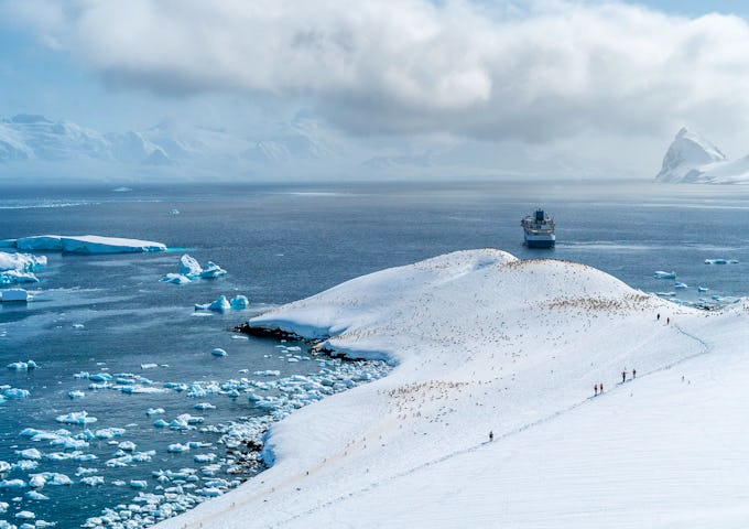 Long distance view of Cuverville Bay with Seaventure