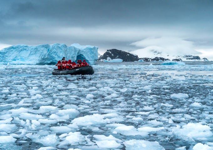 Zodiac cruise in bad weather and brash ice in Antarctica