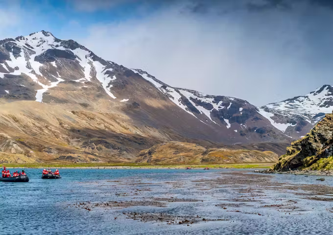 Zodiac cruising at Sromness in South Georgia