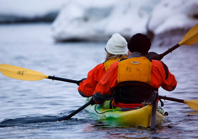 Kayakers paddle around Melchior Islands, Antarctica