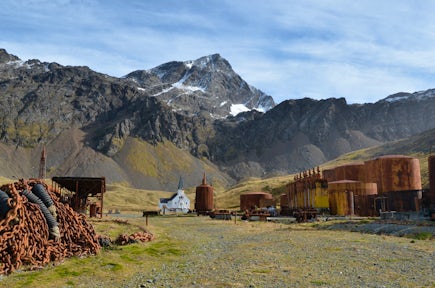 The Norwegian Church against the ruined whale oil storage tanks of Grytviken whaling station